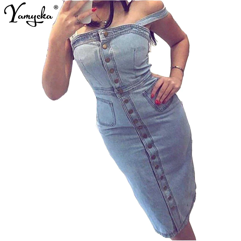 

Sexy Sling cowboy denim summer dress Women Fashion Casual Slim Button Pockets Elegant vintage bodycon long dresses vestidos New