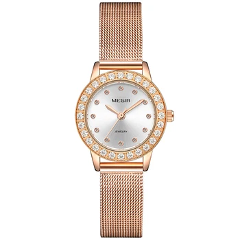 

Luxury MEGIR Fashion Ladies Watches Rose Gold Women Watches Elegant Minimalism Rhinestone Casual Black Female Waterproof Clock