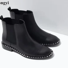 Лидер продаж; зимние пикантные ботильоны с заклепками, круглым носком и эластичными лентами; обувь в гладиаторском стиле на низком каблуке без застежки; Женская обувь в байкерском стиле