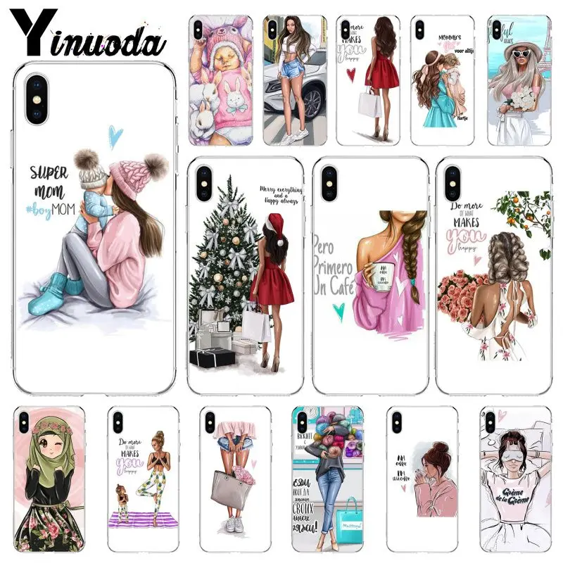 Yinuoda الأسود البني الشعر الطفل أمي فتاة الملكة لينة سيليكون TPU الهاتف غطاء ل أبل فون 8 7 6 6 S زائد X XS ماكس 5 5 S SE XR