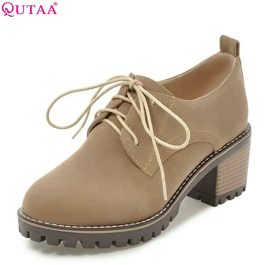 

QUTAA 2018 Women Pumps Square High Heel Platform Women Shoes Pu Leather Lace Up Spring/autumn Casual Ladies Pumps Size 34-43