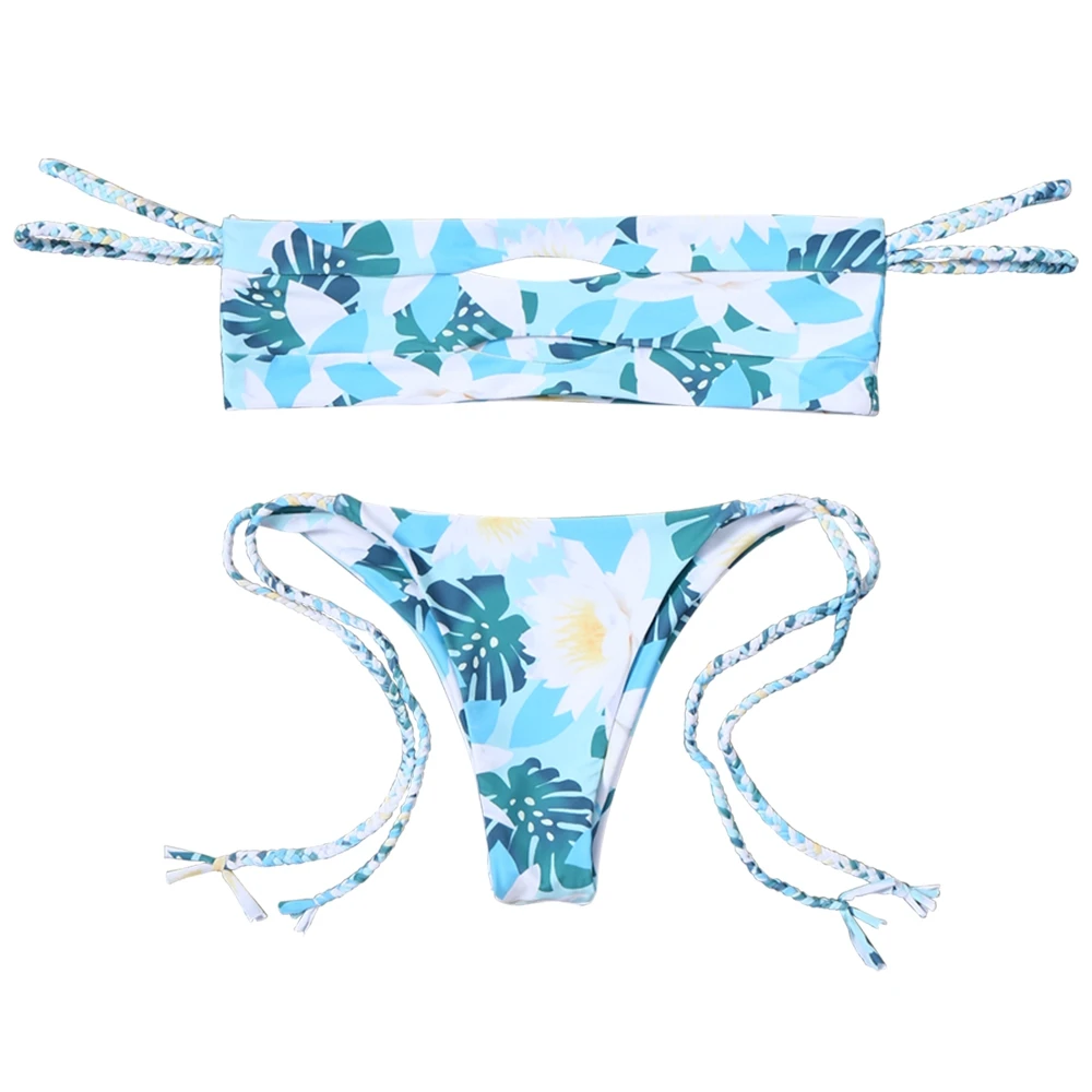 

2018 Sexy Off The Shoulder Floral Cutout Bikini Set Beach Women Wire Free Unlined Swimwear Female Print Strapless Swimsuits