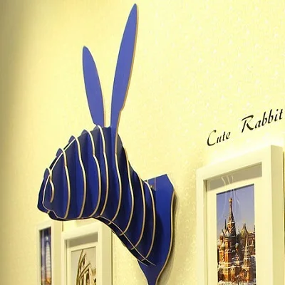 Милый кролик Дерево голова животного МДФ дерево декор стены самостоятельной сборки головоломки - Цвет: Cute bunny blue