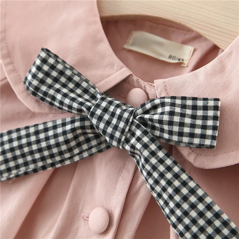 Girls spring solid color plaid bow tie trench baby kids fashion turn-down collar coats kids long sleeve jackets clothes