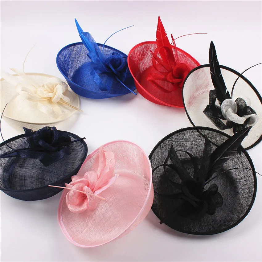 

2016 Elegant Lady Fashion Sagittate Feather Fascinator Sinamay Hat Woman Wedding Flower Sinamay Hat Headband Red Pink Royal Blue