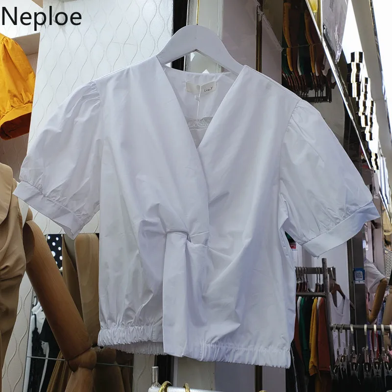 

Neploe Women Spring Puff Sleeve Tops and Blouses V-Neck Solid Blusas Vintage Korean Clothes Shirt Women Crop Top Twist Camisas