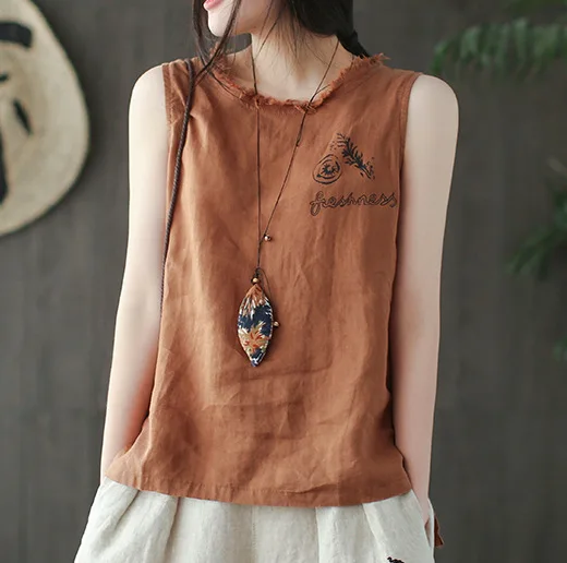 

Original Ripped Neck Cotton Linen Tank Top Irregular Sleevelss Shirts Womens Casual Printed Summer Vest Tops Khaki Navy Vintage