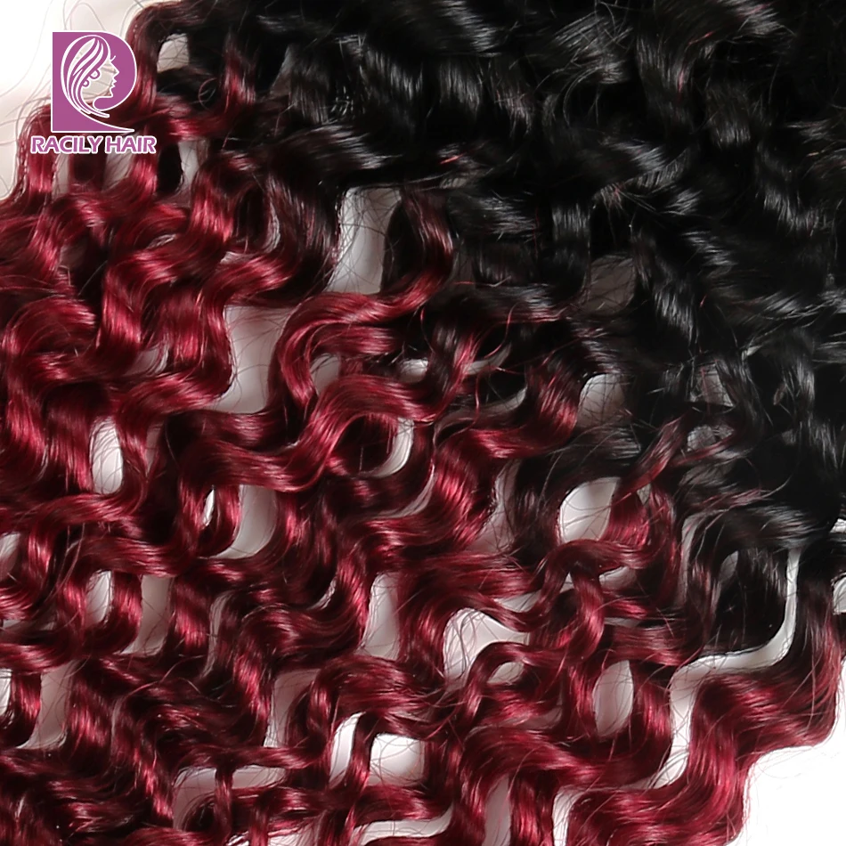 Racily волос T1B/бордовый эффектом деграде(переход от темного к бразильские курчавые человеческие волосы Remy для наращивания, человеческие волосы Кружева Закрытие 99J красный 4x4 кружева закрытие с детскими волосами