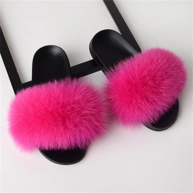 Fur Slippers Women Fox Home Fluffy Sliders Comfort With Feathers Furry Summer Flats Sweet Ladies Shoes Size 45 Home Real fox fur