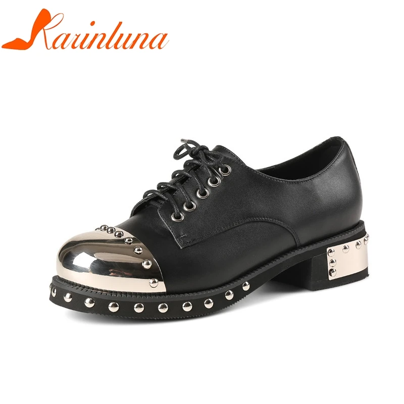 

KARINLUNA Large Size 34-43 Cow Genuine Leather Round Metal Toe Pumps Shoes Women Cool Square High Heels Shoes Woman