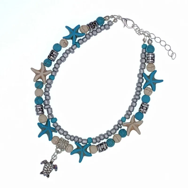 

SIRODI Boho Multiple Layers Starfish Turtle Anklets For Women Vintage Bohemian Shell Beads Chain Anklet Bracelet Foot Jewelry