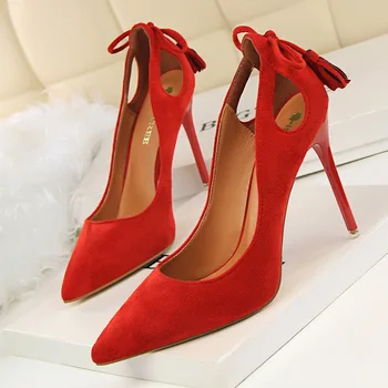 

Women Pumps Sexy Women High Heels Cut-Outs Bowtie Tassel High Heels Shoe Women Flock Thin Heels Wedding Shoes