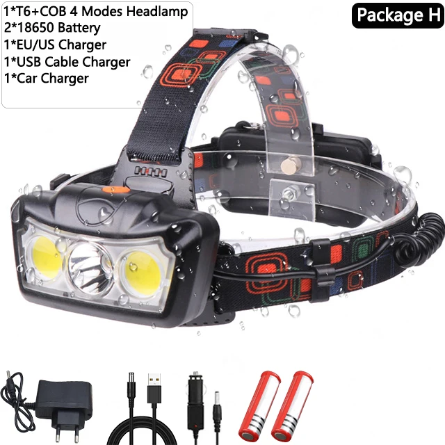 Powerfull LED Headlamp T6+COB LED Headlight Head Lamp Flashlight Torch Lanterna head light Use 2*18650 battery for Camping - Испускаемый цвет: Package H