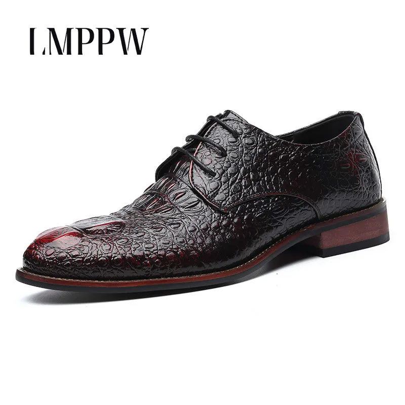 

New 2019 Crocodile Leather Male Shoes Fashion Breathable Oxfords Shoes Black Red Gold Lace Up Men Flat Shoes Comfortable 2A
