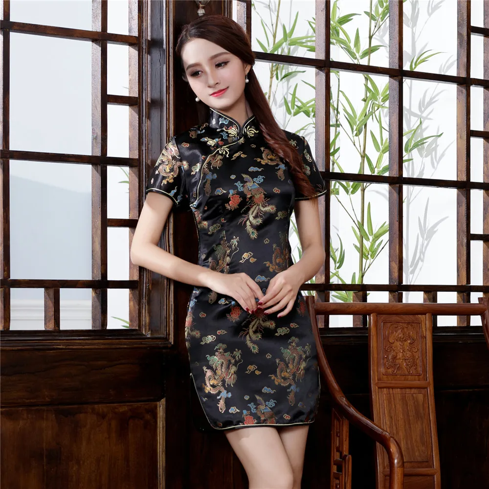 Chinese Style Women Dragon Phenix Qipao Classic Red Satin Cheongsam Plus Size Short Sleeve Mini Dress Vestidos 3XL 4XL 5XL 6XL 2