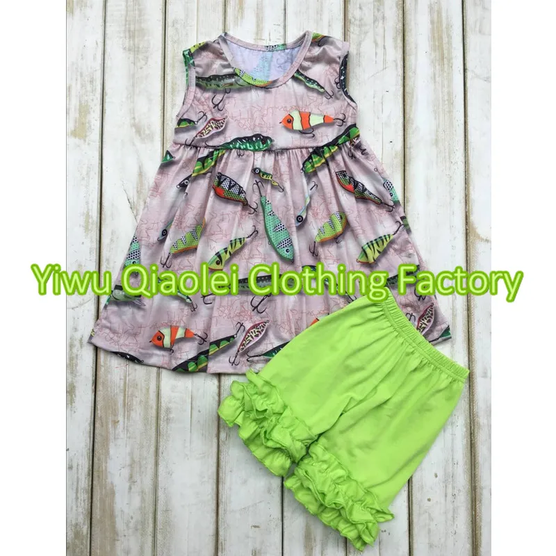 Оптом детская одежда рыбы дизайн верхней и рябить шорты бутик девушка одежда девочек наряды