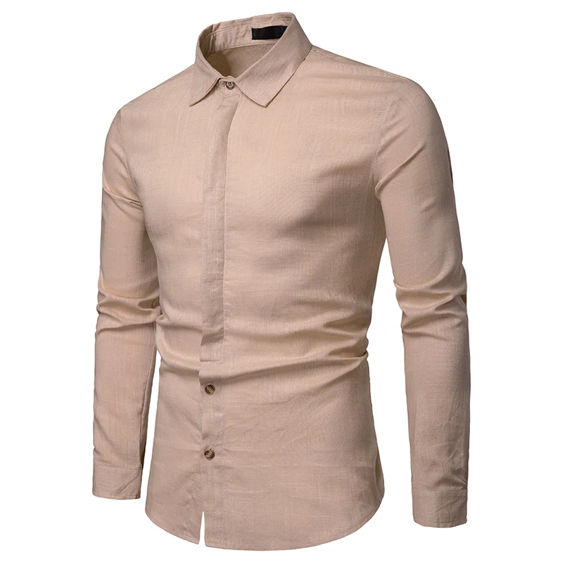 

2019 summer brand men's casual shirt new lapel men's linen shirt long sleeve casual soft breathable men's business shirt