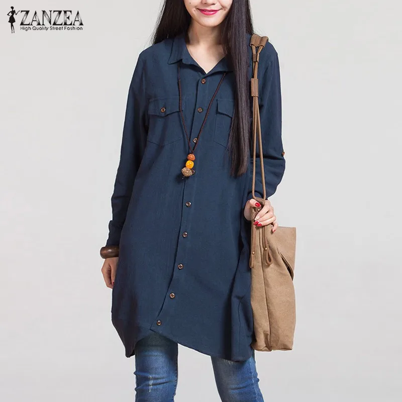 Acheter ZANZEA Marque Tops Femmes Blouses 2018 Automne Manches Longues Ourlet Irrégulier Chemises En Coton Décontracté Blusas Grande Taille