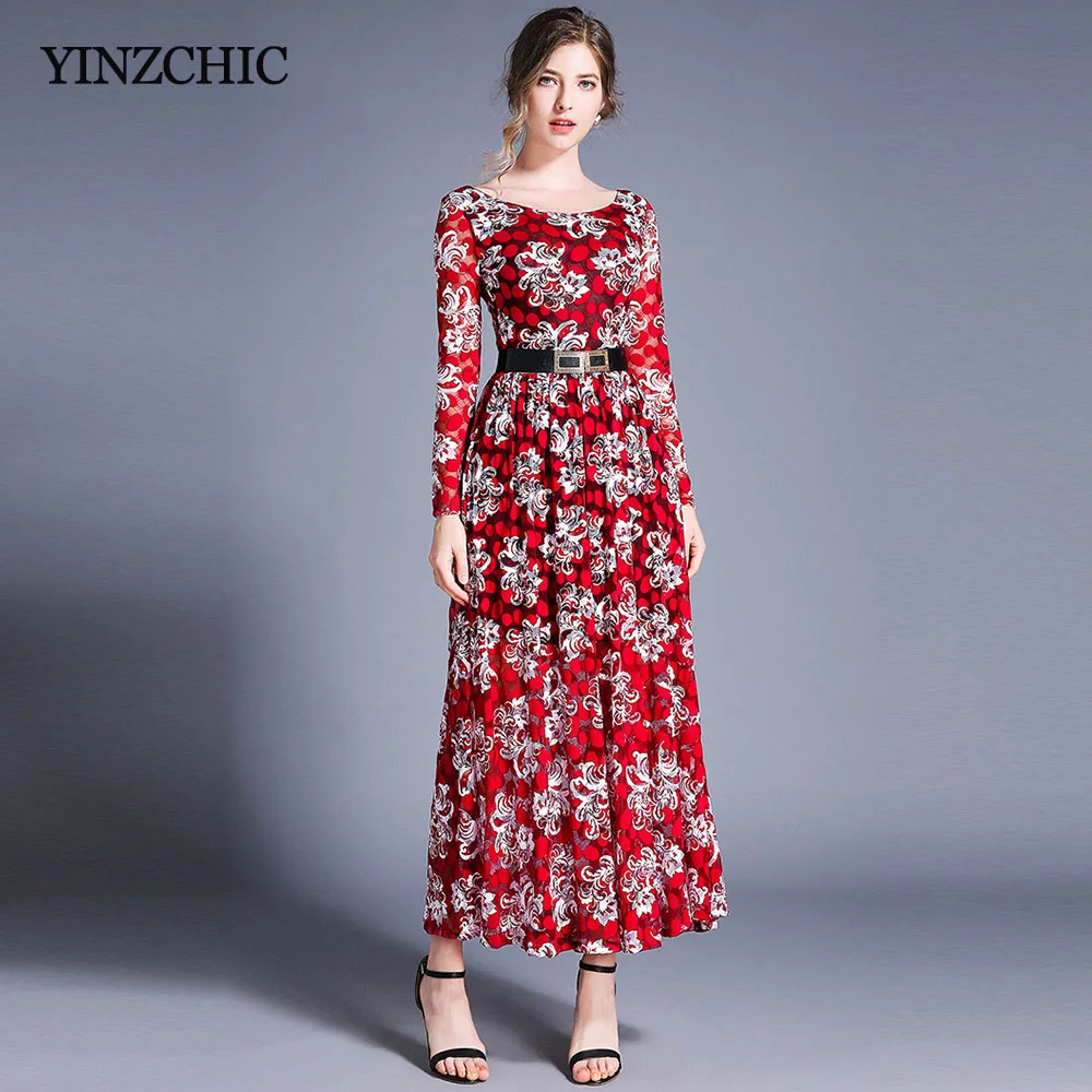 

Autumn New Woman Lace Maxi Dress Big O-neck Female Elegant Party Dresses Slim A-line Floral Printed Long Laces Dresses Woman
