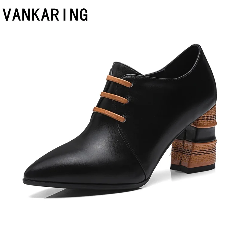 

VANKARING female party shoes pointed toe chunky heel genuine leather high heels ladies fashion black pumps women's dress shoes