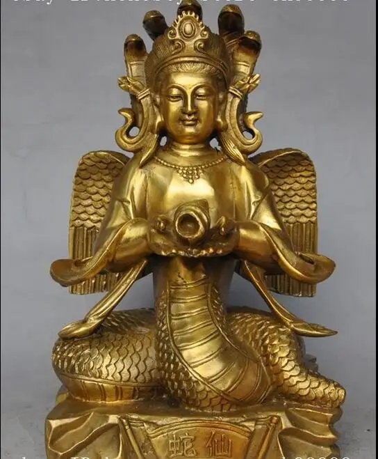 

free China Brass Exorcism 5 five Heads Snake God Bronze Fly Naga Kanya Buddha Statue fast