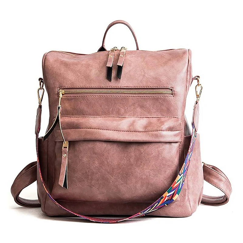 JHD-кожаный рюкзак, Женская Студенческая сумка, большой рюкзак, многофункциональный ретро рюкзак для путешествий - Цвет: Pink