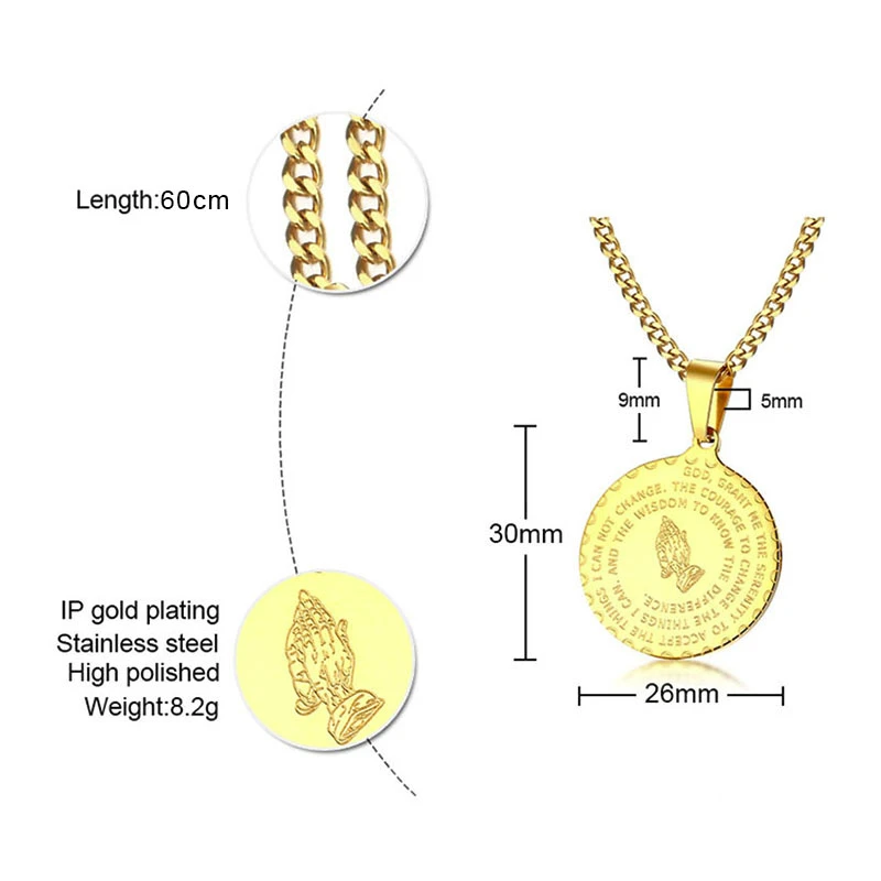 Мужская и женская подвеска из нержавеющей стали с диском, молитвенные руки, Библейские стихи, молитвенная медаль, ожерелье, ювелирные изделия