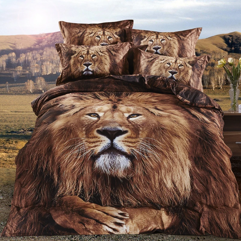 3D Oil Painting Lion King Bedding Set Queen Size Pure Cotton Bed Sheet