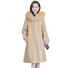 Овечий стриженый мех, зимние женские пальто большого размера, утепленные куртки, новинка, с капюшоном, имитация лисьего меха, длинная верхняя одежда, пальто FC48