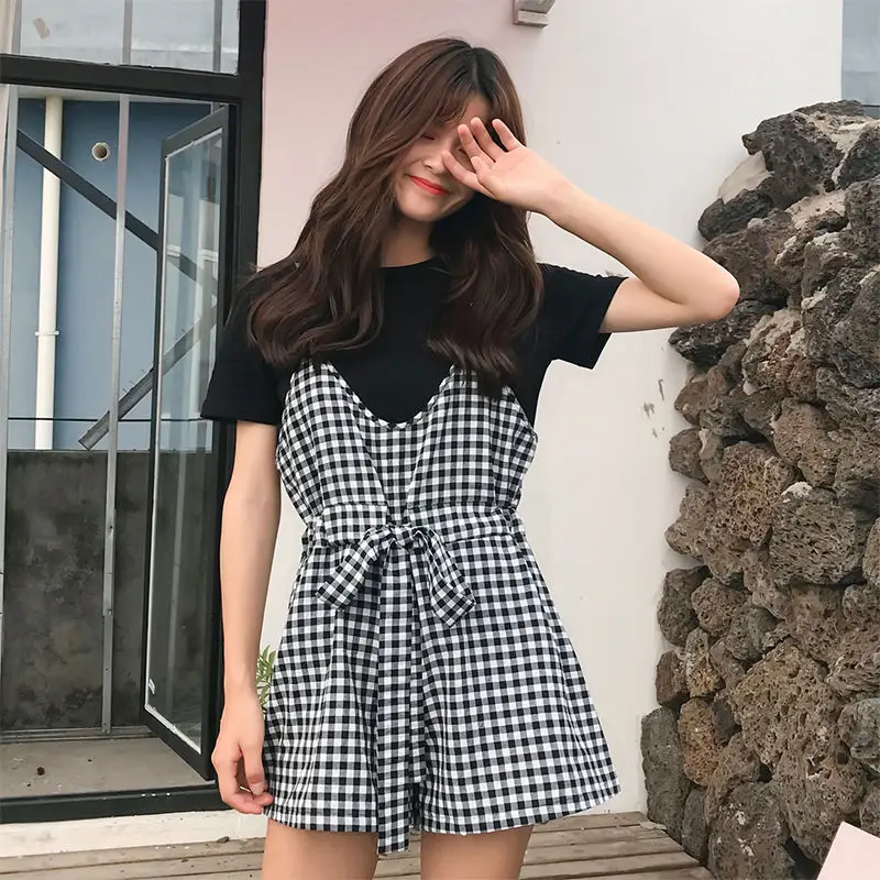 

Hot new temperament pants two sets of tide solid color women's hooded irregular sweater suit 2019 summer new strap plaid