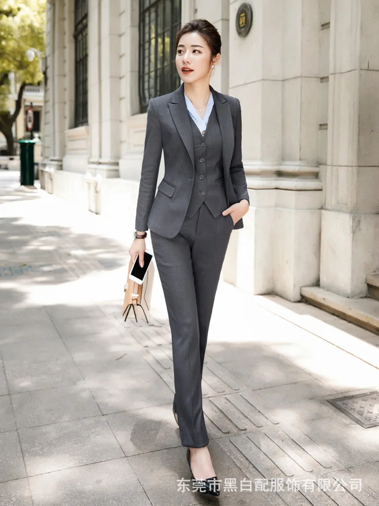 Grey pant suit Костюм женский брючный костюм женский костюмы женские женский костюм Модный женский костюм Офисная Женская рабочая форма деловые строгие брюки костюмы черный блейзер брюки комплект повседневная куртка брюки плюс размер - Цвет: Grey pant suit