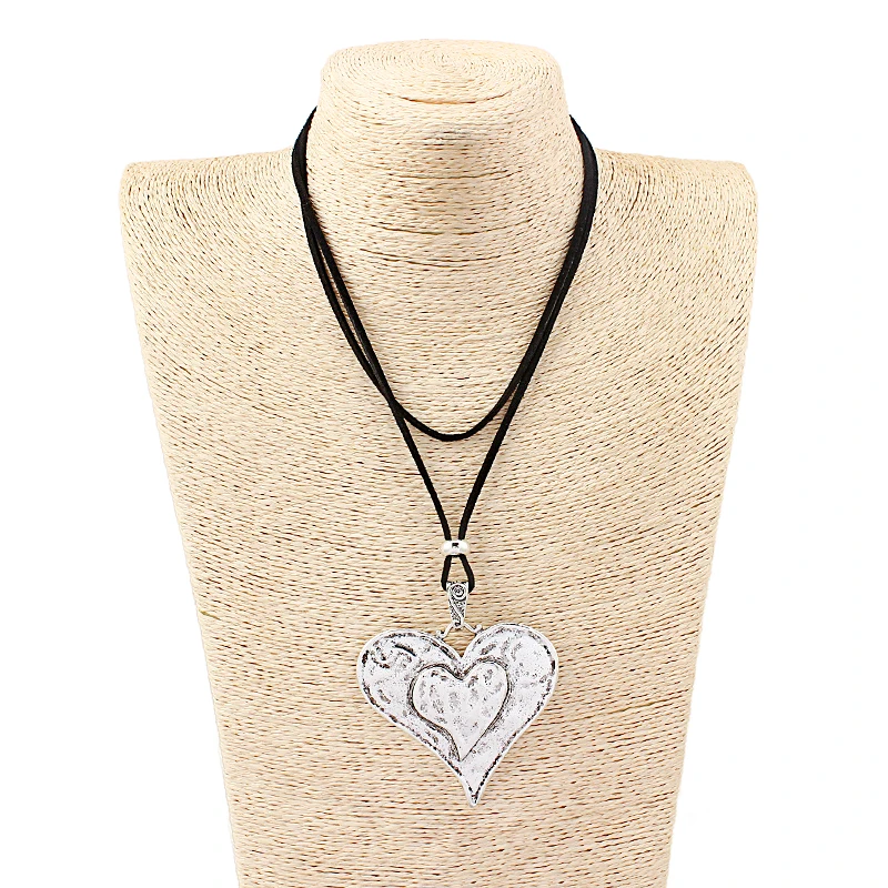 

1PCS Antique Silver Tone Abstract Large Heart Pendant Velvet Cord Necklace Lagenlook