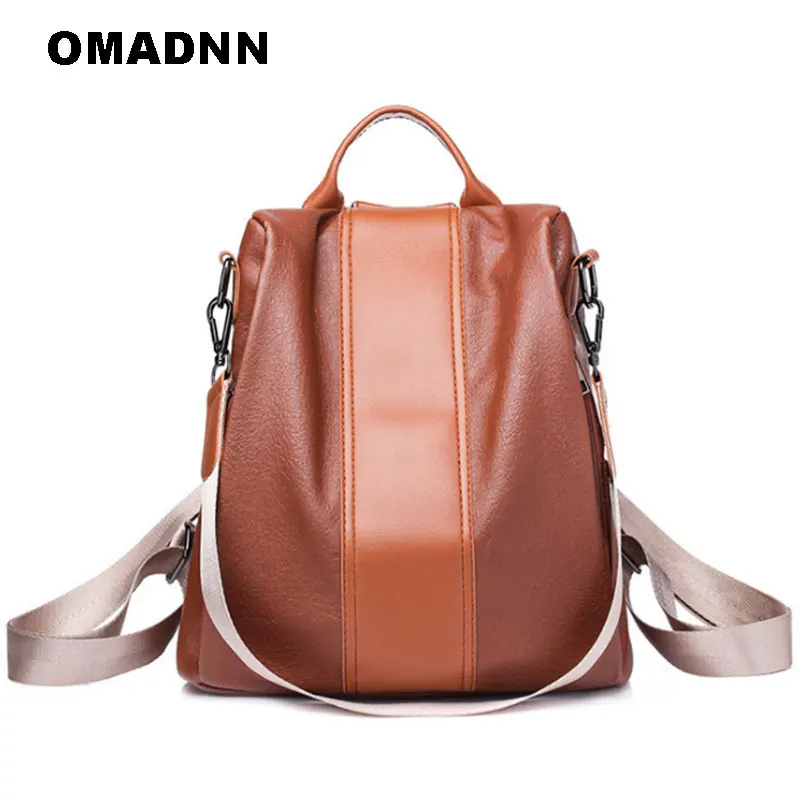 

OMADNN New Travel Backpack Korean Fashion Women Female Rucksack Leisure Student School bag Soft PU Leather For Teenage Girls Bag