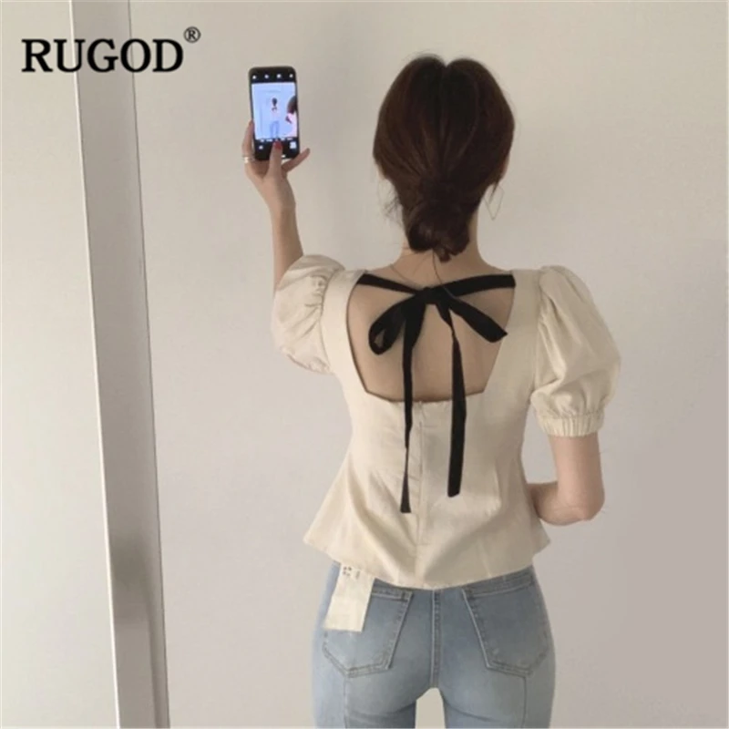 

RUGOD New Women Solid Backless Sexy Shirt Square Collar Short Sleeves Loose Slim Blouse Korean Style Temperament Ins Popular Top