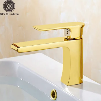 

Best Quality Gold Basin Mixer Taps Single Lever Brass Long Neck Bathroom Hot and Cold Water Faucet Deck Mounted One Hole