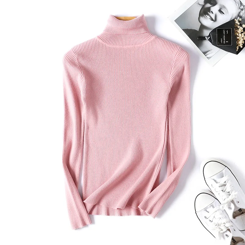 Осенне-зимний черный свитер с высоким воротом, Женский облегающий эластичный вязаный мягкий пуловер, женский свитер, корейский Модный пуловер - Цвет: Розовый