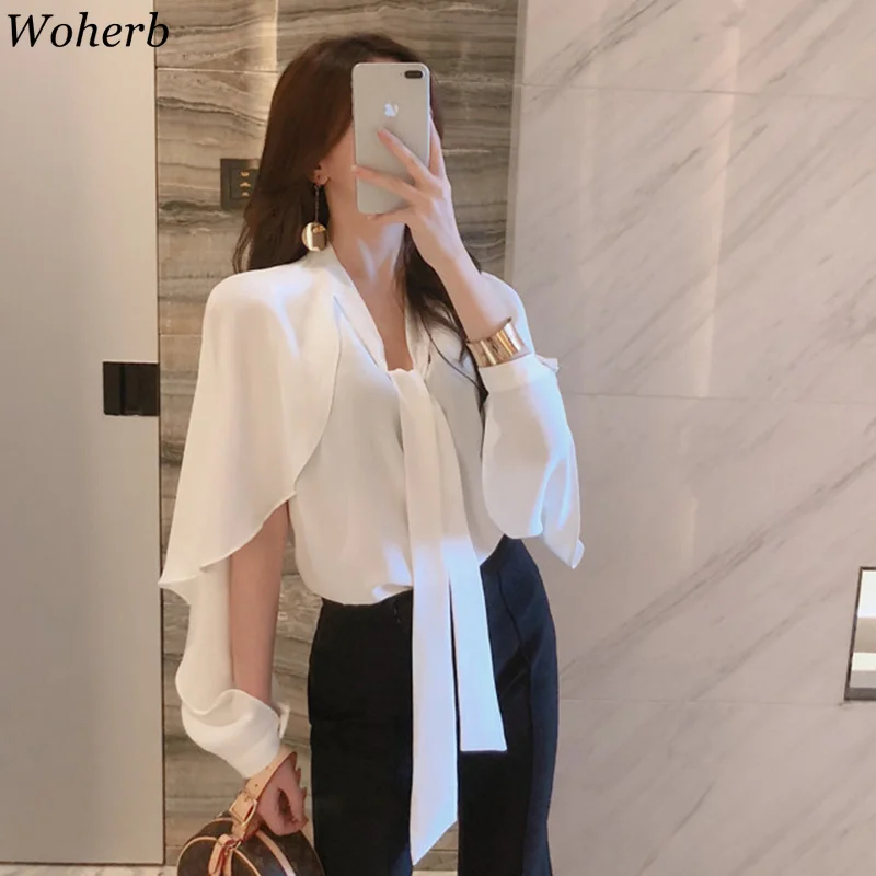 

Woherb Summer Solid White Blouse Women Korean Style Blusas Sexy Hollow Out Cloak Shirts Ladies Elegant Tops Blouses 21392