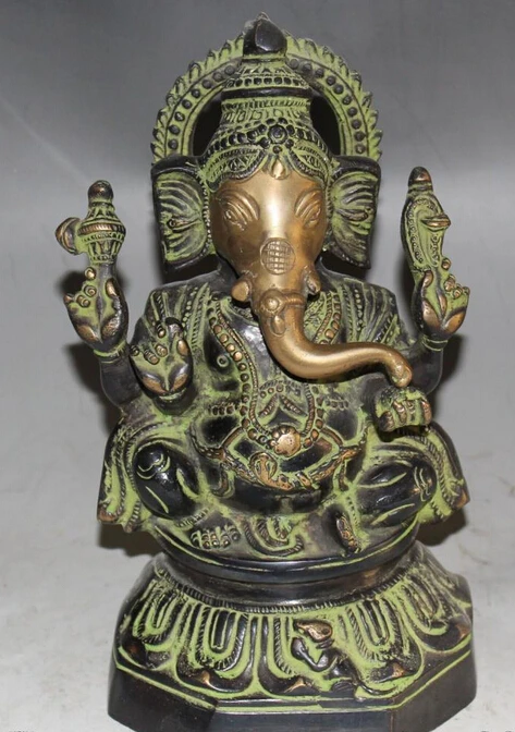 

shitou 003274 10" Tibetan Pure Copper Bronze Gilt 4 Arm Elephant Ganesh Mammon Buddha Statue