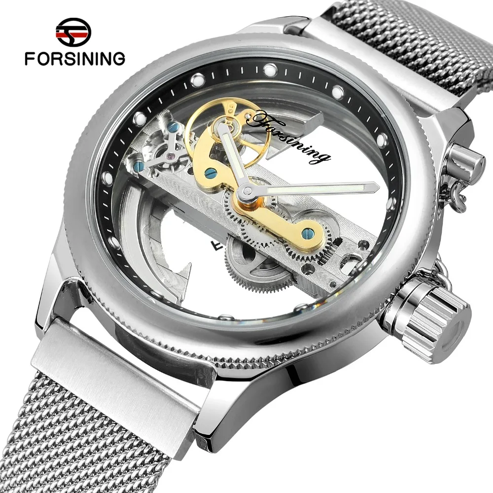 

FORSINING Automatic Mechanical Watch Clasp Magnet Bracelet Transparent Case Back Glance Skeleton Mens Watch