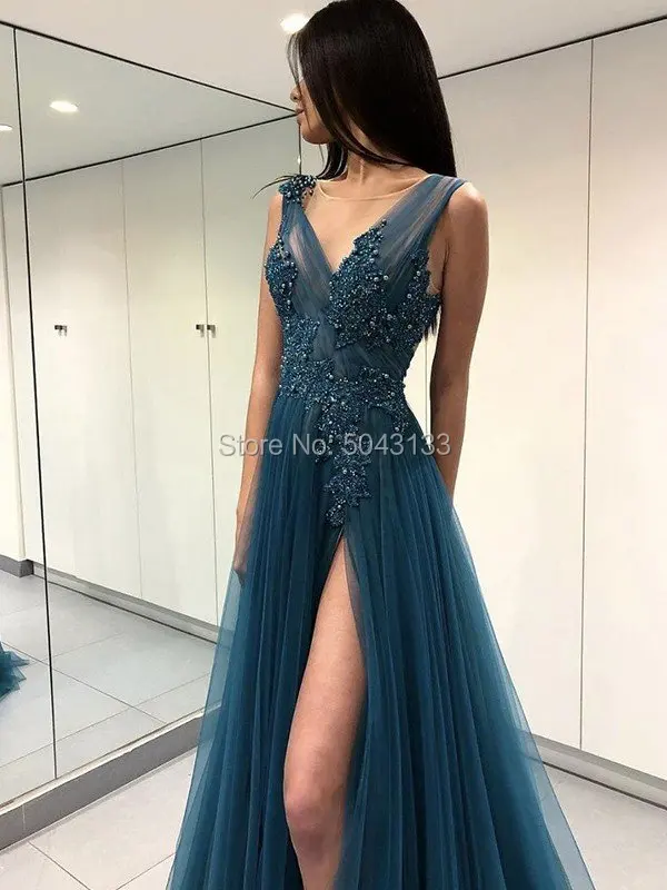 V Neck Floor Length Tulle Prom Dresses Sexy Off The Shoulder High Slit Formal Prom Evening gowns with Lace Appliques