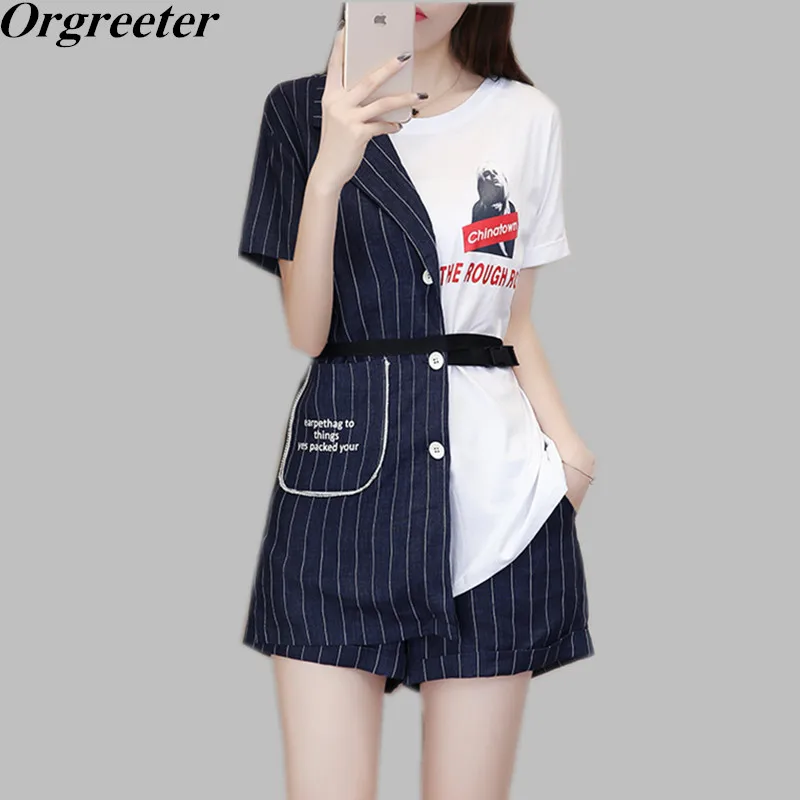 

Casual Striped Long Shirt and Shorts 2 Piece set Summer New High Street Letter Print Patchwork Tops and Elastic Waist Short Suit
