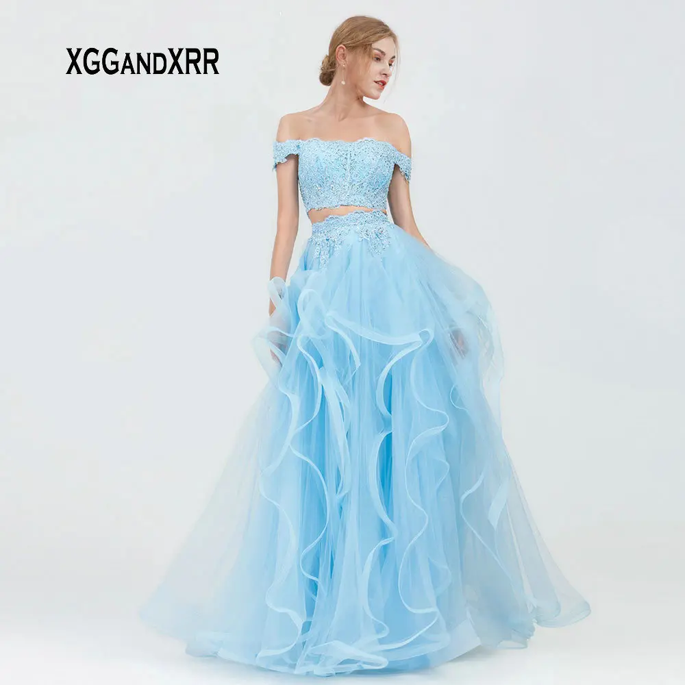 Элегантный из двух частей Выпускные платья 2019 Длинные vestido de fiesta без бретелек с открытыми плечами рюшами Синий Тюль Гала jurken вечернее платье