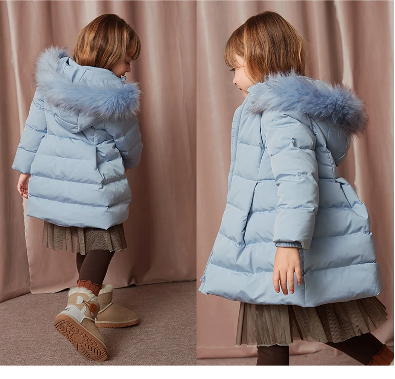 Mini Balabala/Детские Длинные куртки для маленьких девочек, без морозов пуховое пальто со съемным капюшоном и отделкой из искусственного меха детская зимняя верхняя одежда