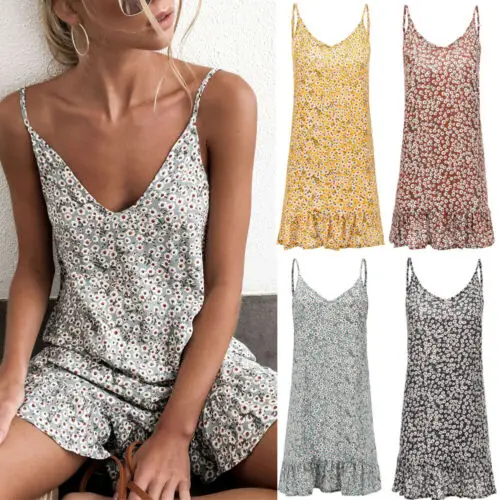 

Fashion Women Ladies Flower Sleeveless Strappy Short Mini Dress Summer Holiday Beach Sundress