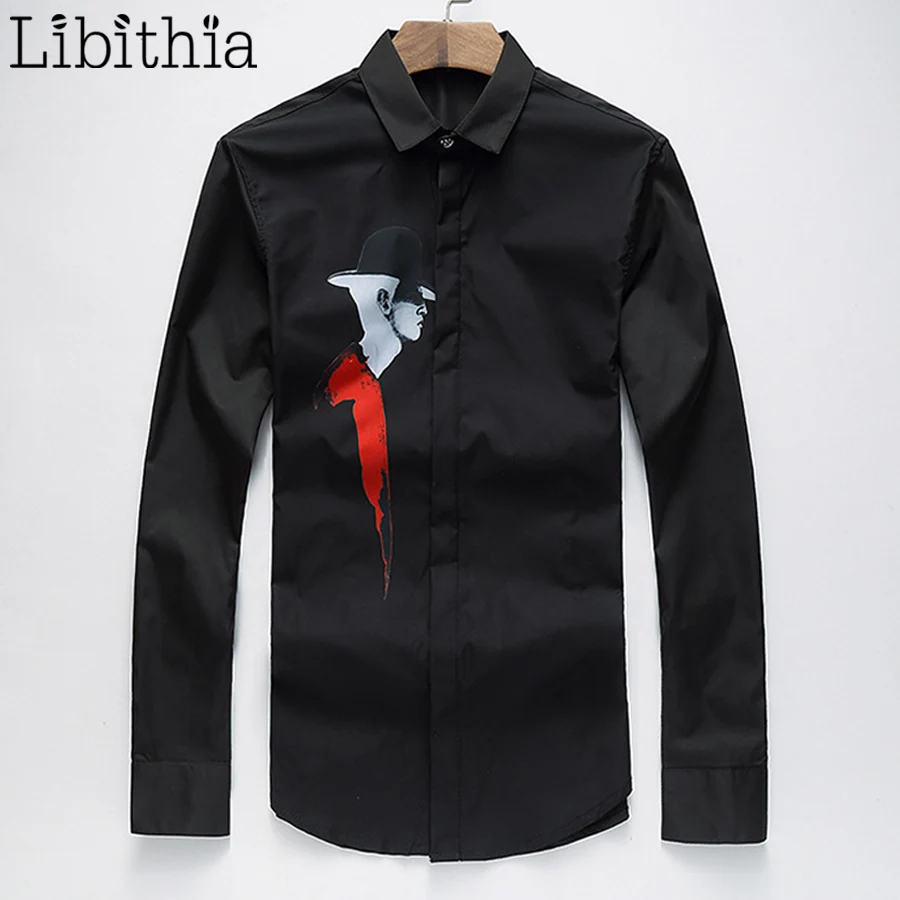 

Mens Casual Dress Shirts New Autumn Print Long Sleeve Turn-down Collar Big Size Camisa Social Masculina Shirt Men Black White K1