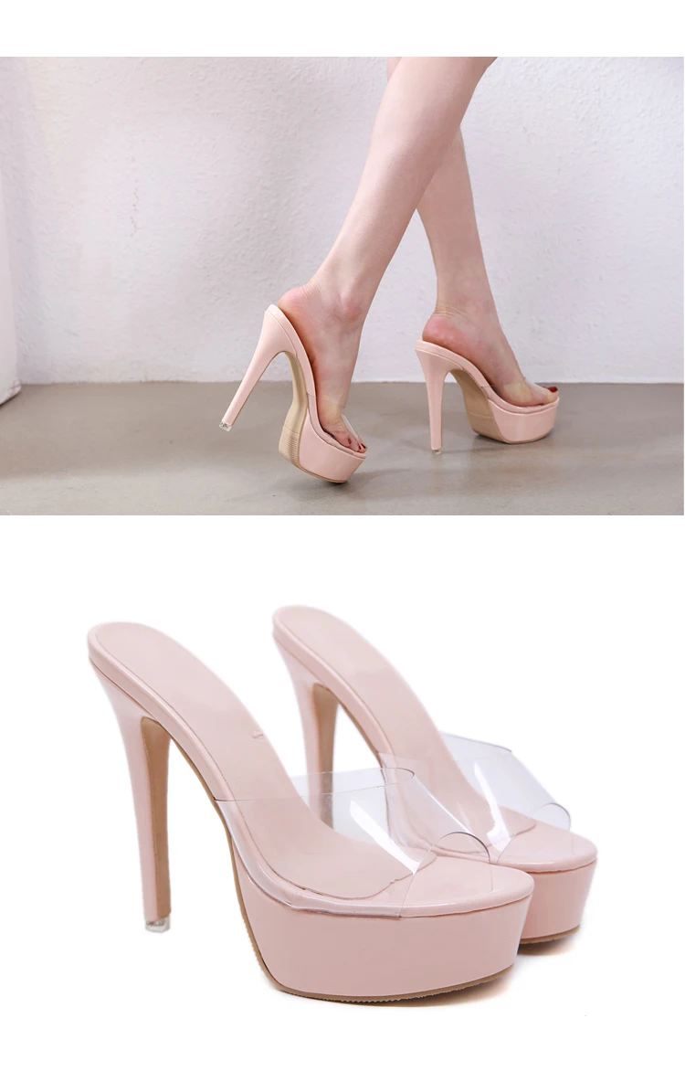Aneikeh New Summer PVC Transparent Slippers Open Toe Perspex Heel Women High Heel Women's Shoes Thin Heels Slippers black
