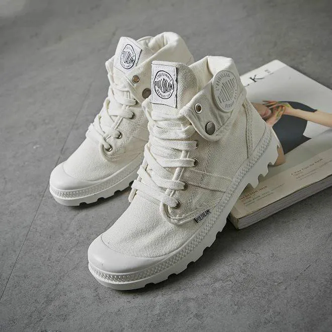 En Ligne 2018 Mode High Top Sneakers Toile Chaussures Femmes Casual Chaussures Blanc Plat Femelle Panier Dentelle Up Solide Formateurs Chaussure hj89