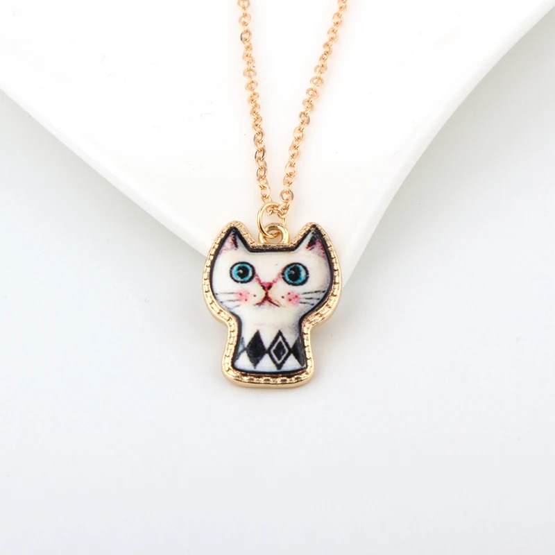 1PC Cute Cartoon Cat Animal Link Chain Necklace Gold Color Enamel