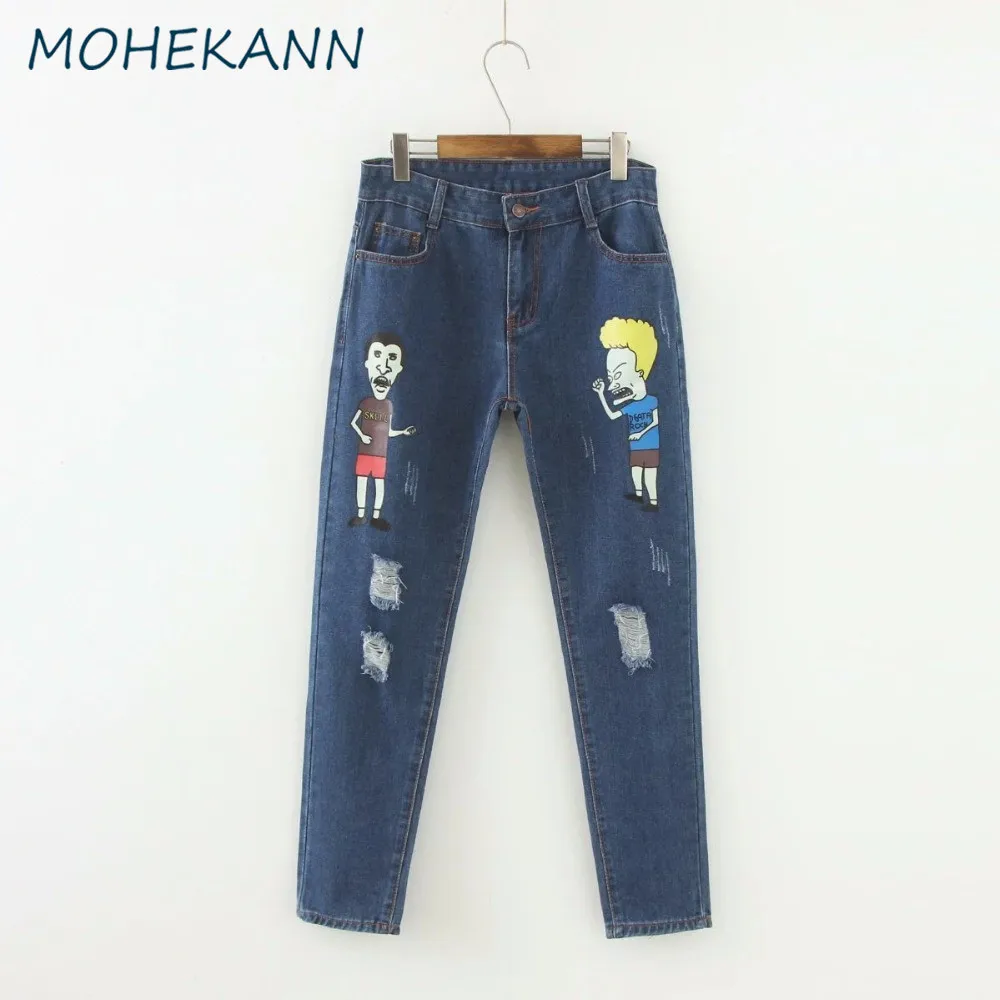 

Fashion Woman Jeans Cartoon Pattern Printing Plus Size High Waist Casual Denim Ankle Ripped Pencil Pant Jeans Female Trousers