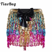 TiaoBug женский сексуальный костюм для танца живота с блестками и кисточками голографическая танцевальная юбка Женский фестивальный рейв хип-шарф Одежда для выступлений